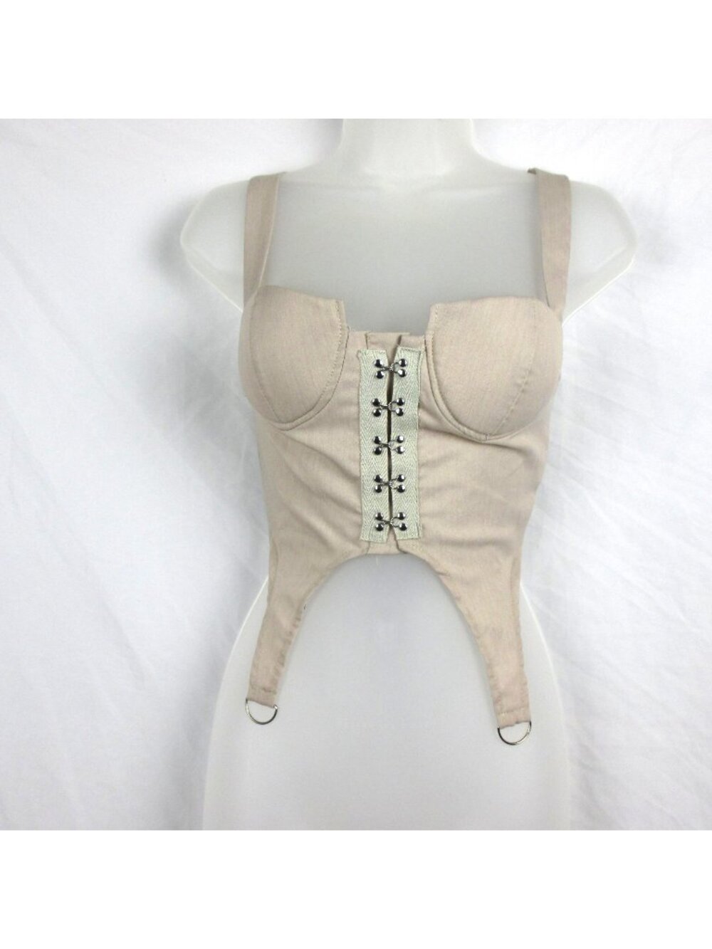 Beige Lace-Up Bustier Crop Top With Straps & Metal Rings Size S Rocker Corset